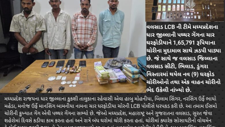 વલસાડ LCB એ ભિલાડ, ડુંગરા, વલસાડમાં ઘરફોડ ચોરી કરનાર પથ્થર ગેંગના 4 ચોરની ધરપકડ કરી 9 ગુન્હાનો ભેદ ઉકેલ્યો, પકડાયેલ ઘરફોડીયાઓ દિવસે કડીયા કામ અને રાત્રે બંધ ઘરોમાં ચોરી કરતા હતાં