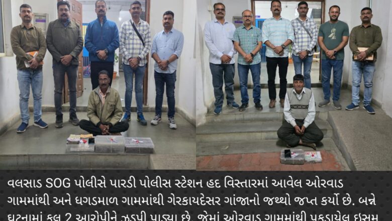 વલસાડ SOG પોલીસે પારડીના ઓરવાડ ગામમાંથી 1.887 કિલો ગ્રામ ગાંજો તથા રોકડા રૂા.1,15,400 સાથે તો, ધગડમાળ ગામમાંથી 401 ગ્રામ ગેરકાયદેસર ગાંજાના જથ્થા સાથે એક-એક આરોપીને ઝડપી પાડ્યા